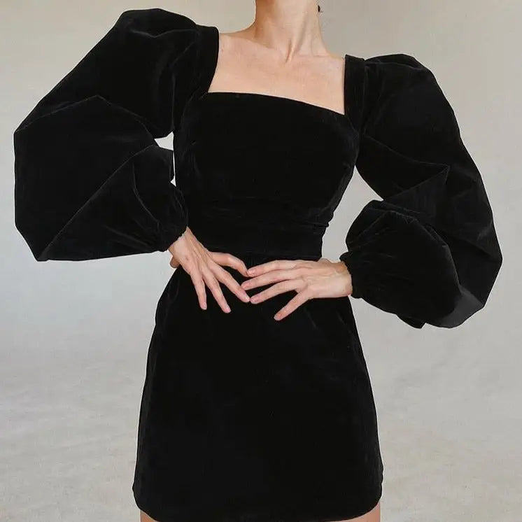 Black Velvet Puff Sleeve Bodycon Square Neck Party Mini Dress