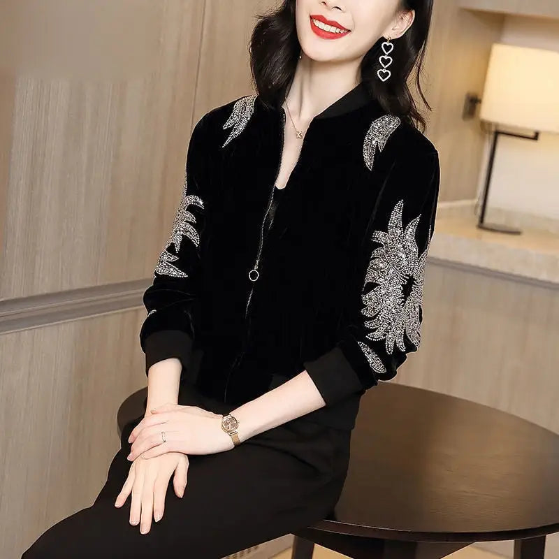 Black Velvet Slim Fit Embroidered Jacket