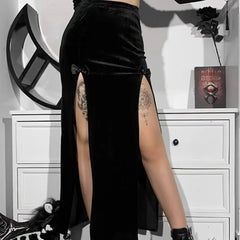 Black Velvet Split High Waist Long Skirt