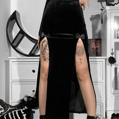 Black Velvet Split High Waist Skirt