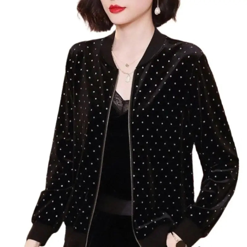 Black Velvet White Dots Zipper Jacket