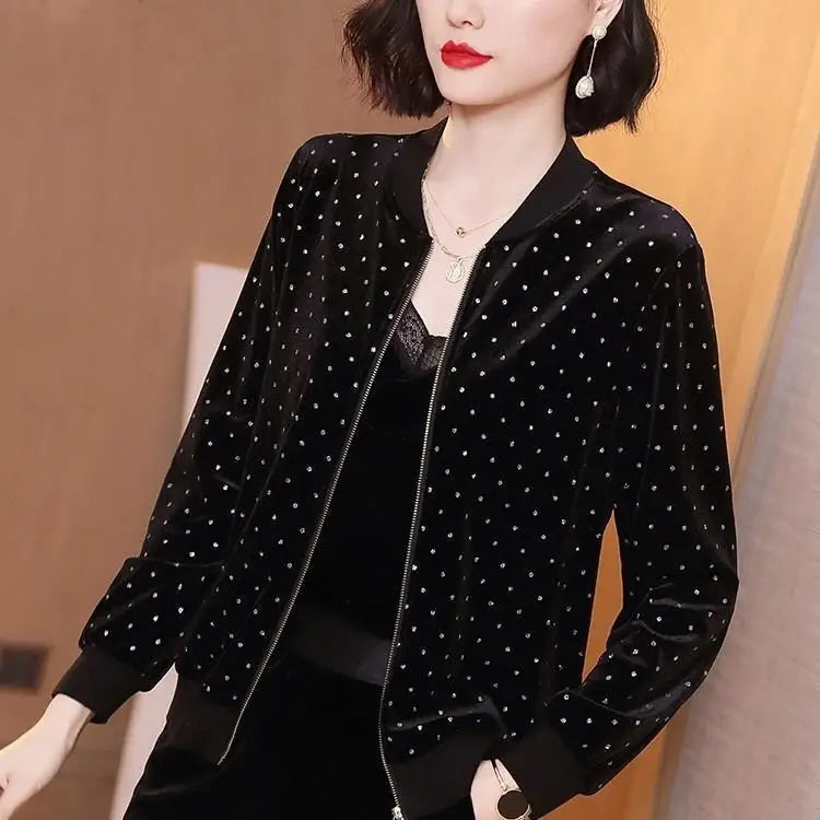 Black Velvet White Dots Zipper Jacket - M