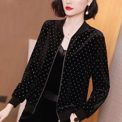 Black Velvet White Dots Zipper Jacket