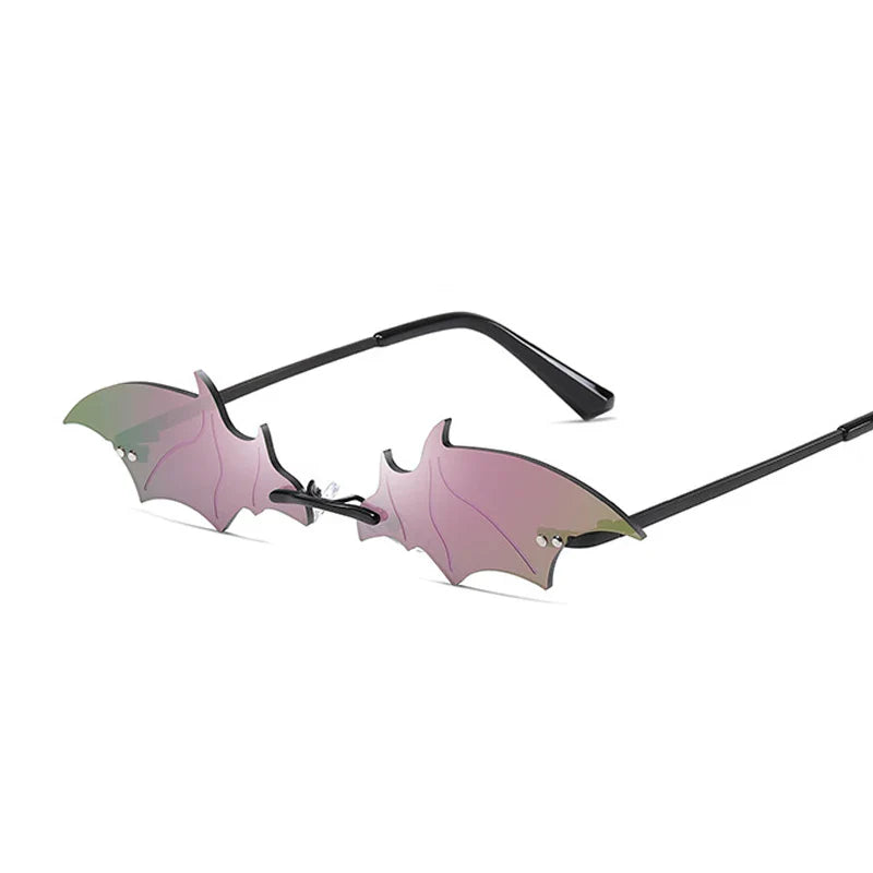 Black Vintage Bat Shaped Rimless Sunglasses Purple