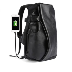 Black Waterproof Leather Laptop Backpack With USB Charging