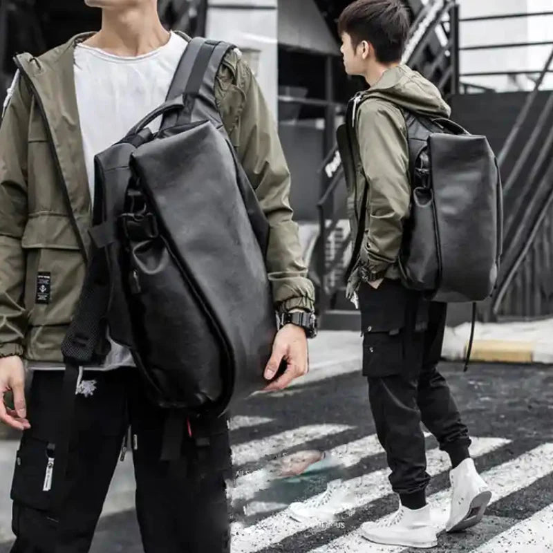 Black Waterproof Leather Laptop Backpack with USB Port