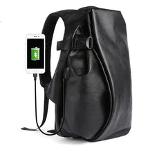 Black Waterproof Leather Laptop Backpack with USB Port