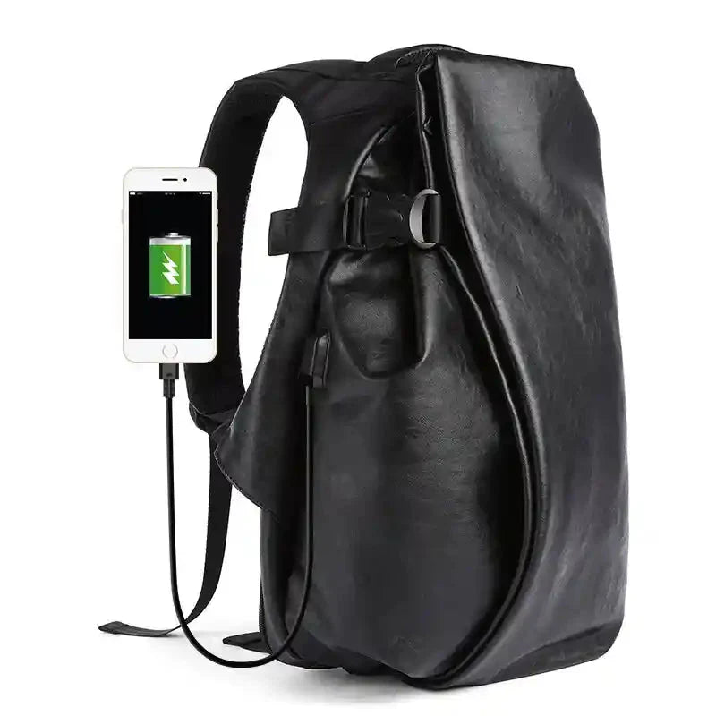 Black Waterproof Leather Laptop Backpack with USB Port