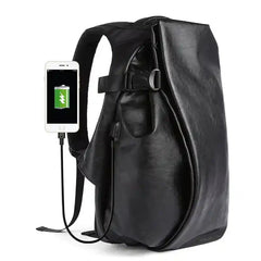 Black Waterproof Leather Laptop Backpack with USB Port