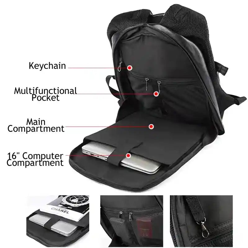 Black Waterproof Leather Laptop Backpack with USB Port