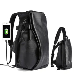 Black Waterproof Leather Laptop Backpack with USB Port