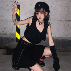 Black White Pleated Short Skirt with Belt Chain