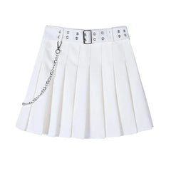 Black White Pleated Short Skirt with Belt Chain