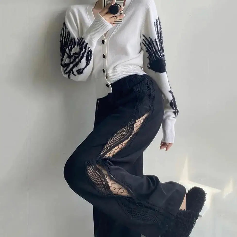 Black Whitel Wide-Leg Waist Hollow Lace Spliced Pants