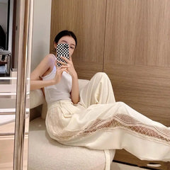 Black Wide Leg Hollow Lace Spliced Pants