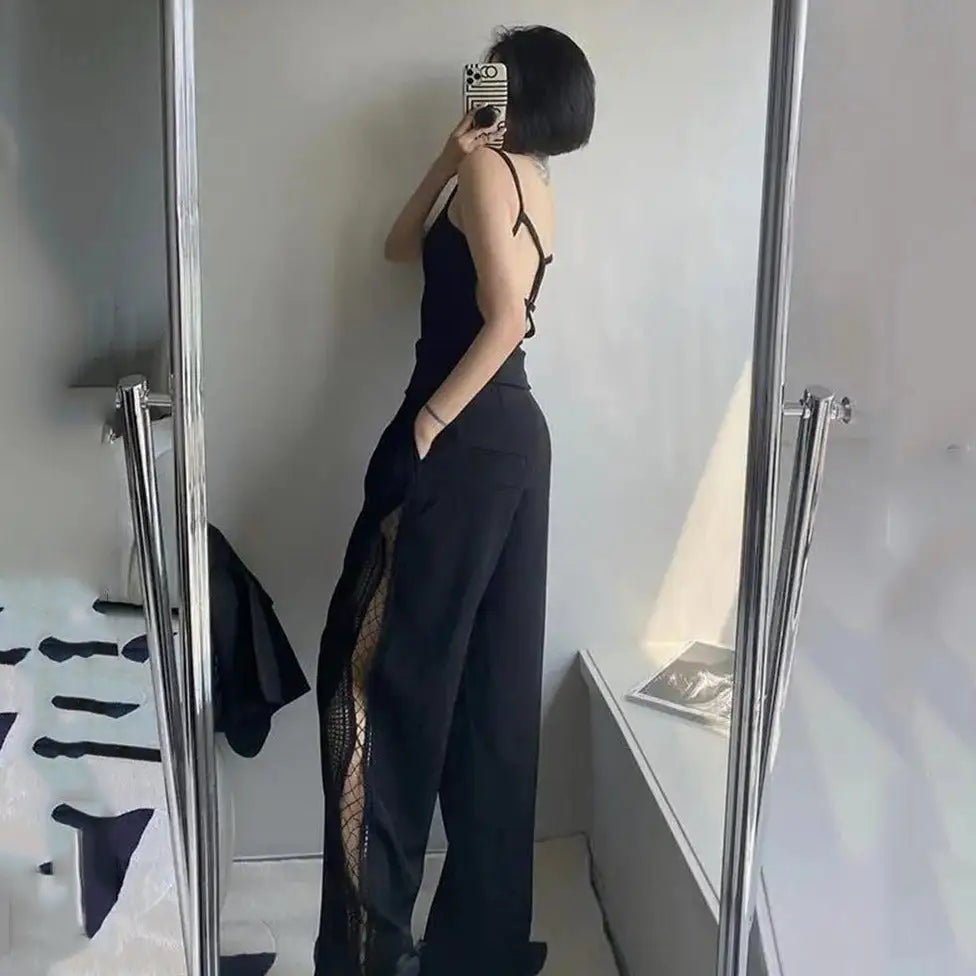 Black Wide Leg Hollow Lace Spliced Pants