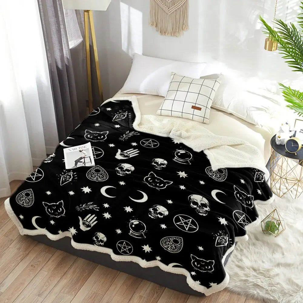 Black Witch Skull Moon Fleece Blankets