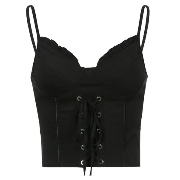 Goth V Neck Strap Corset Lace Up Top - Crop