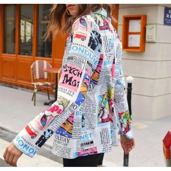 Blazer with Newspaper Color Print Long Sleeves Lapel Design