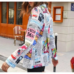 Blazer with Newspaper Color Print Long Sleeves Lapel Design