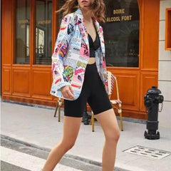 Blazer with Newspaper Color Print Long Sleeves Lapel Design