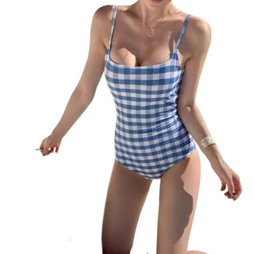 Blue and White Squares Low Cut One-Piece Swimsuits