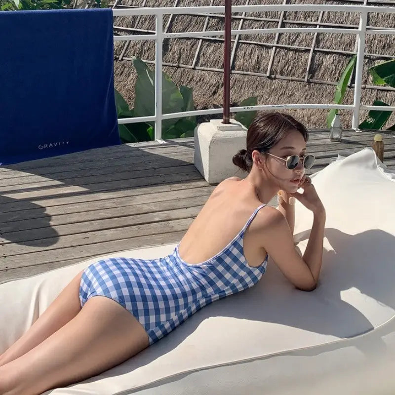 Blue and White Squares One-Piece Swimsuit