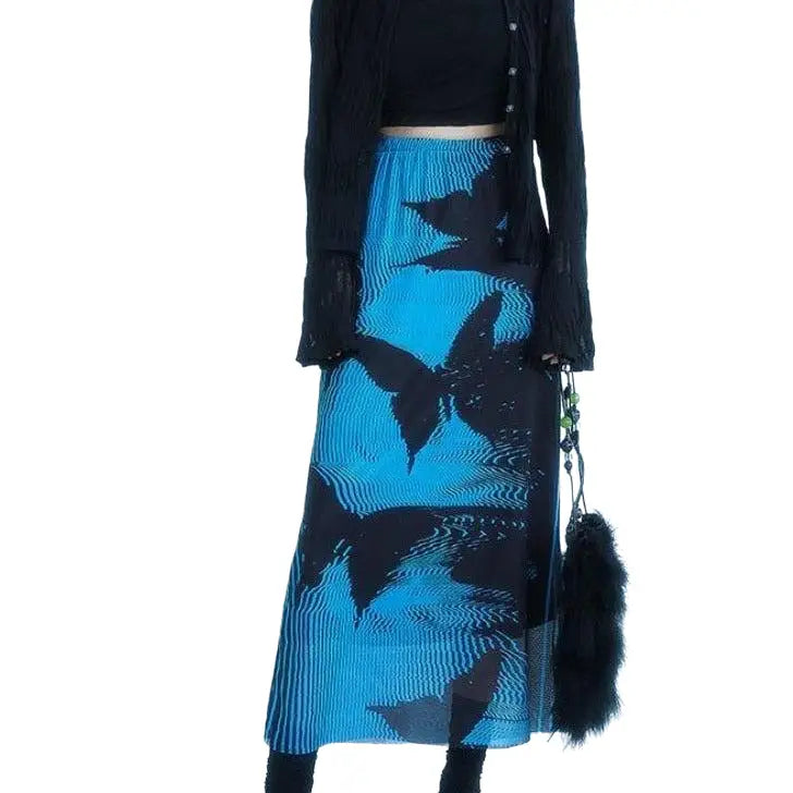 Blue Black Butterfly High Waist Skirt - S