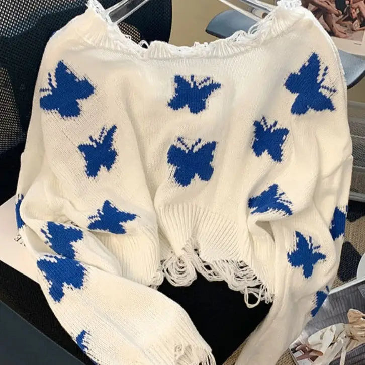 Blue Butterfly Knitted Crop Top Sweater - sweater