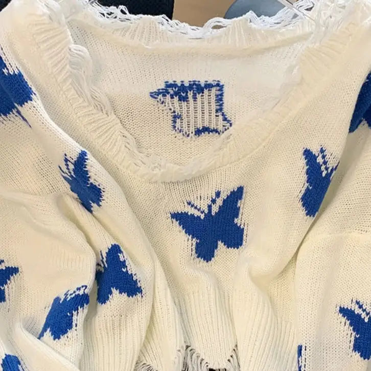 Blue Butterfly Knitted Crop Top Sweater - sweater