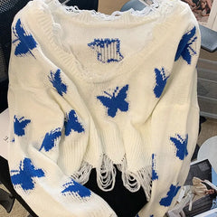 Blue Butterfly Knitted Crop Top Sweater White / S