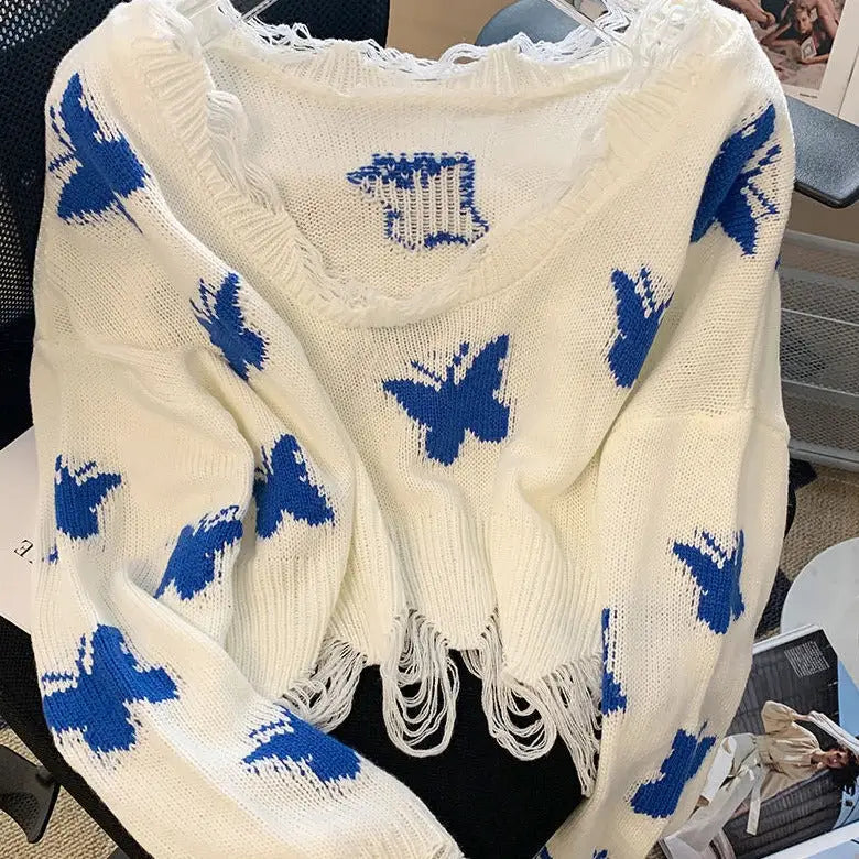 Blue Butterfly Knitted Crop Top Sweater - White / S