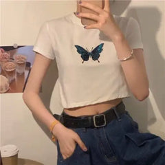 Blue Butterfly Short Sleeve Crop Top