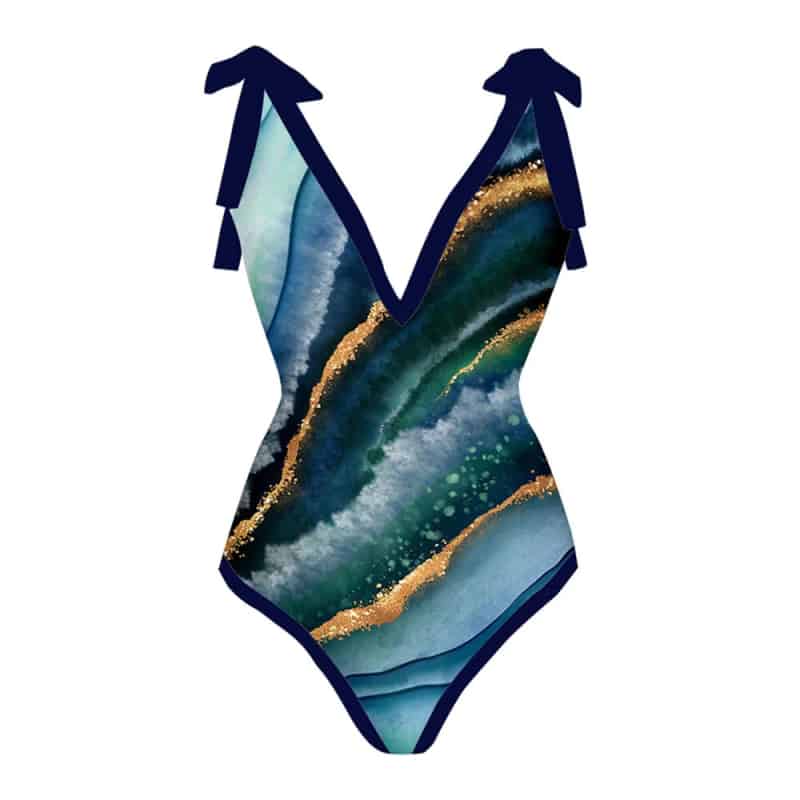 Blue Color Block One Piece Swimsuit with Lace Up V Neck