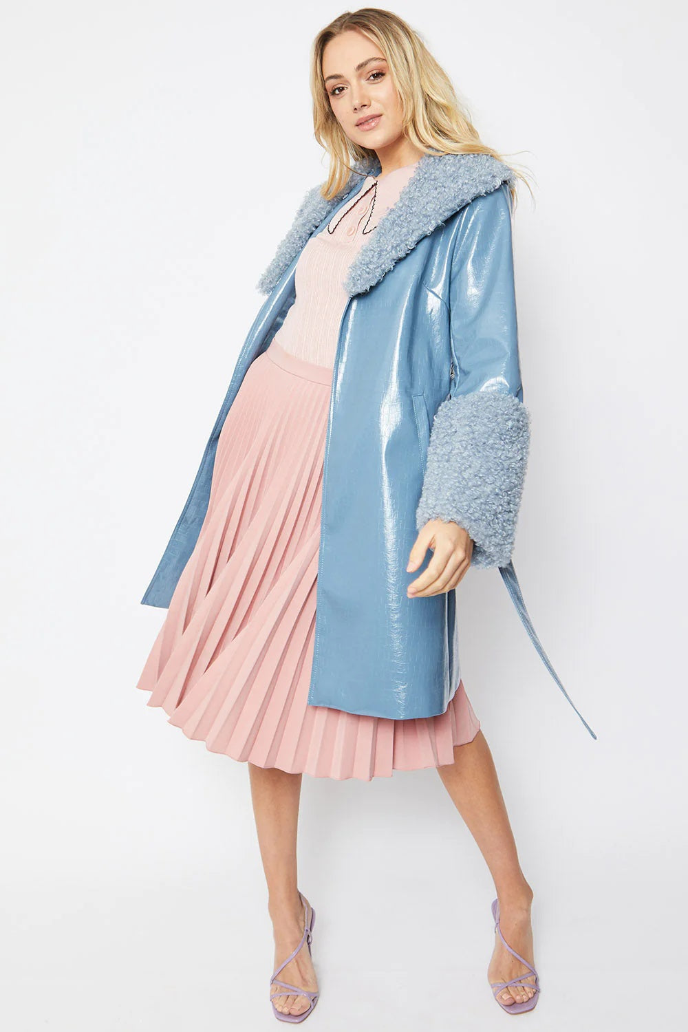 Blue Faux Leather Trench Coat with Shearling Collar