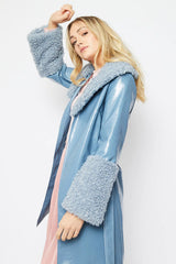 Blue Faux Leather Trench Coat with Shearling Collar