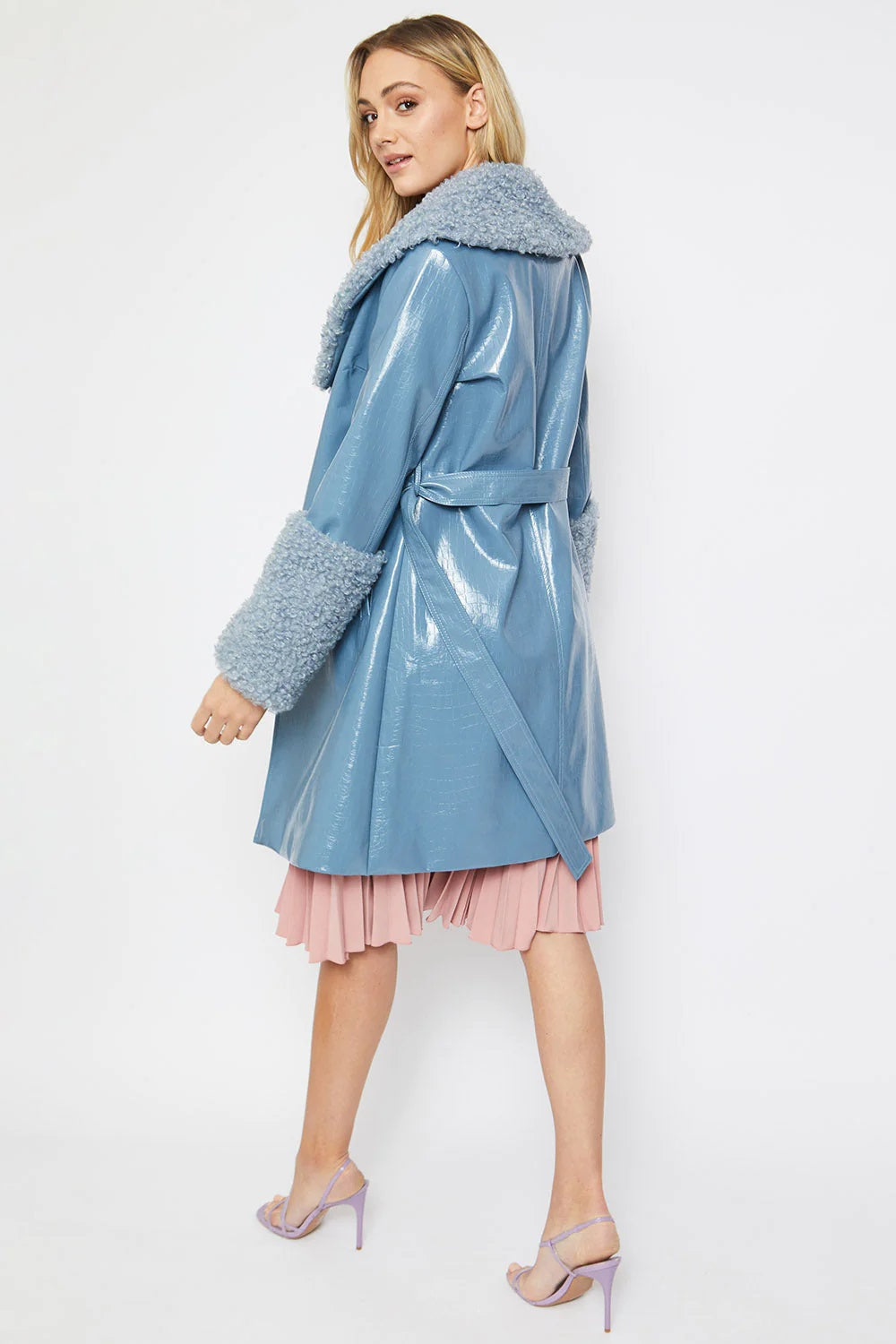 Blue Faux Leather Trench Coat with Shearling Collar