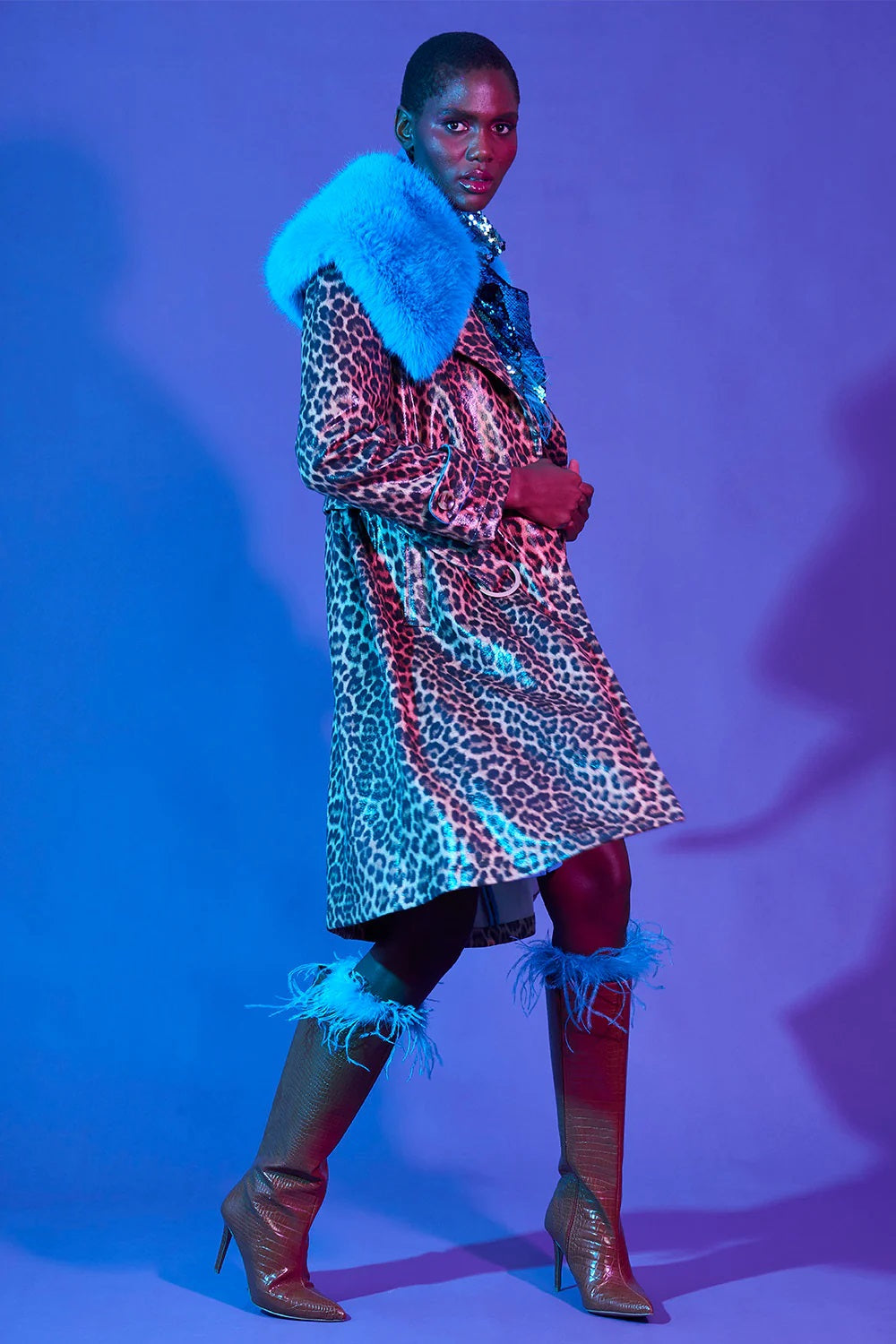 Blue Faux Suede Trench Coat with Fur Collar