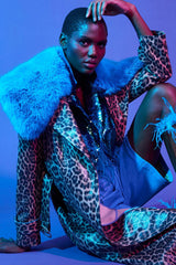 Blue Faux Suede Trench Coat with Fur Collar S-M