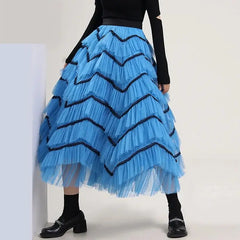 Blue Lace High Waist Fluffy Long Mesh Skirt