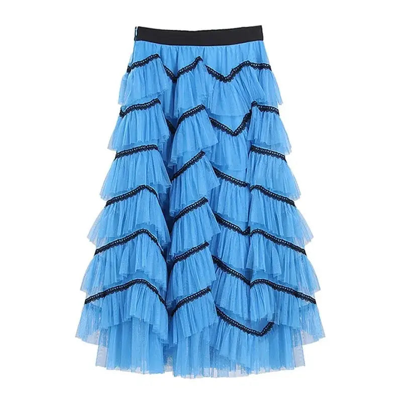 Blue Lace High Waist Fluffy Long Mesh Skirt