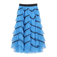 Blue Lace High Waist Fluffy Long Mesh Skirt - S