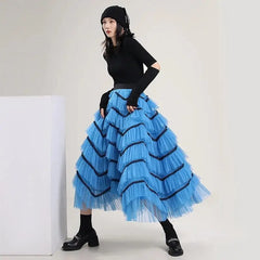 Blue Lace High Waist Long Mesh Skirt