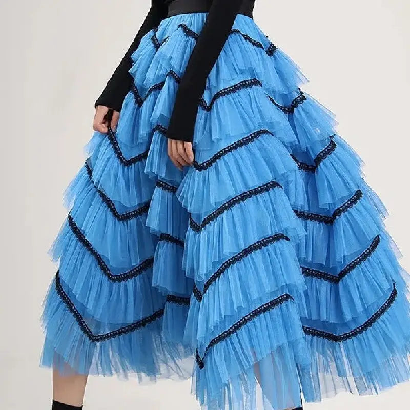 Blue Lace High Waist Long Mesh Skirt