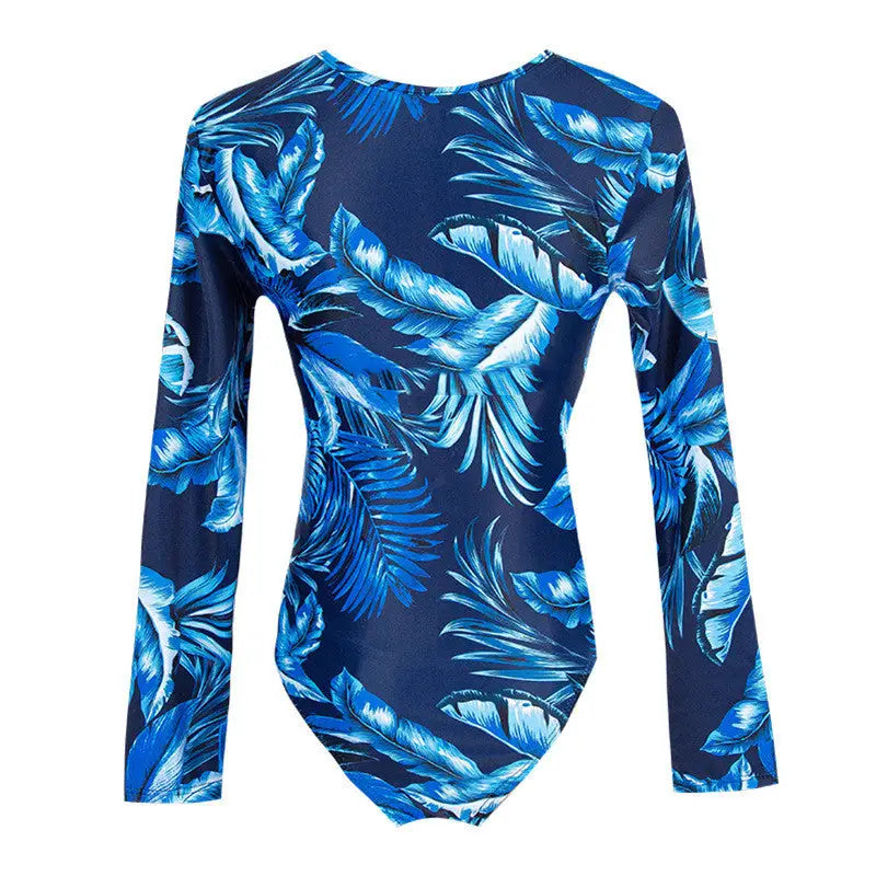 Blue Leaves Swimwear With Zipper