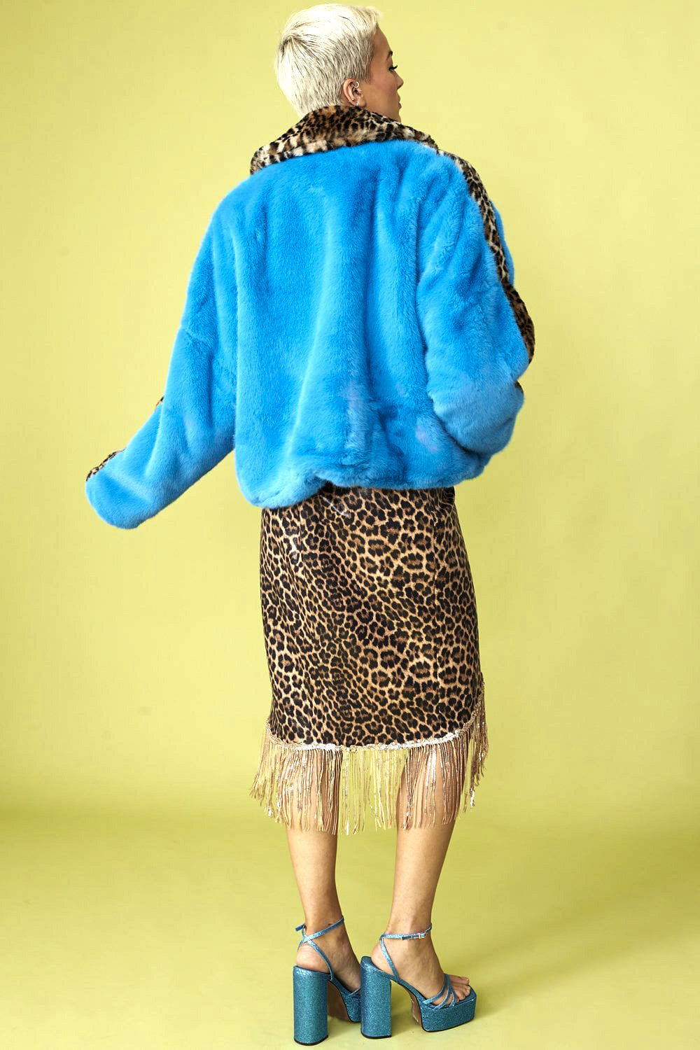 Blue Leopard Print Faux Fur Wrap Coat