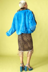 Blue Leopard Print Faux Fur Wrap Coat