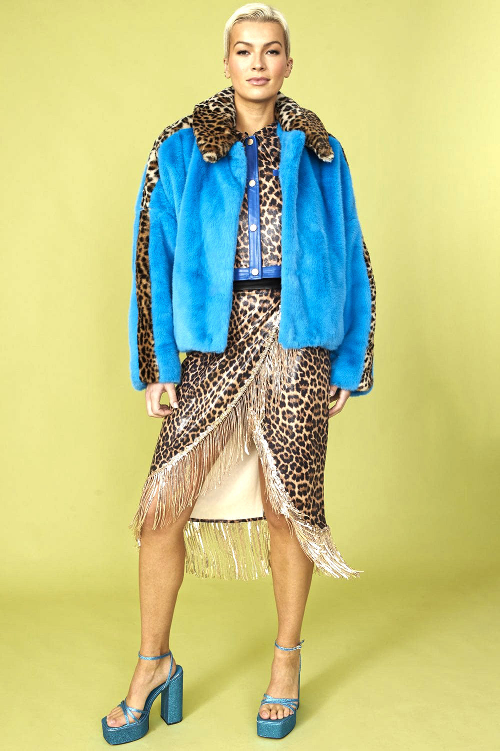 Blue Leopard Print Faux Fur Wrap Coat