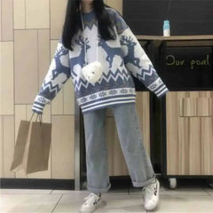 Blue Long Sleeve Sweater with Deer Waves Design