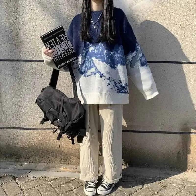 Blue Long Sleeve Sweater with Deer Waves Design